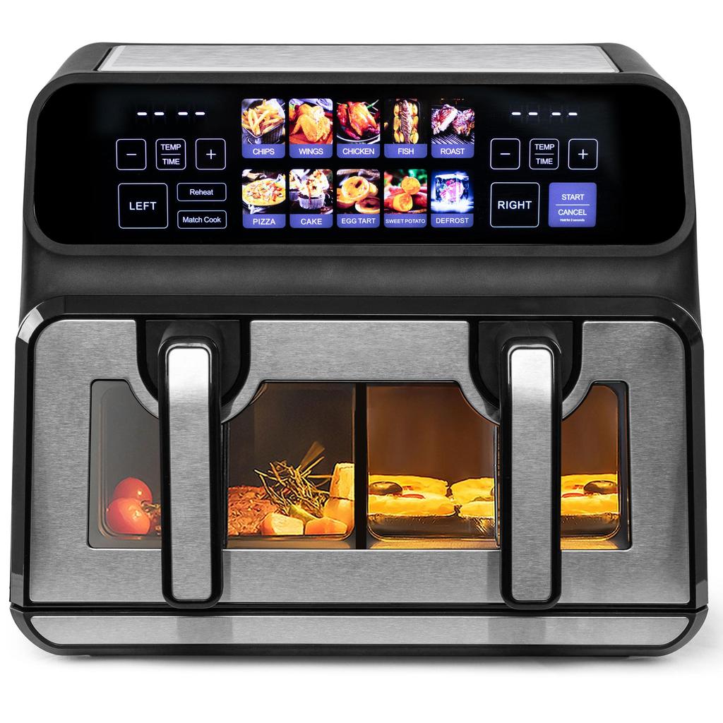 9L Dual Chamber Air Fryer, 2200W Powerful, Viewing Window, Color Led Display, Single and Double Baskets Adjustable