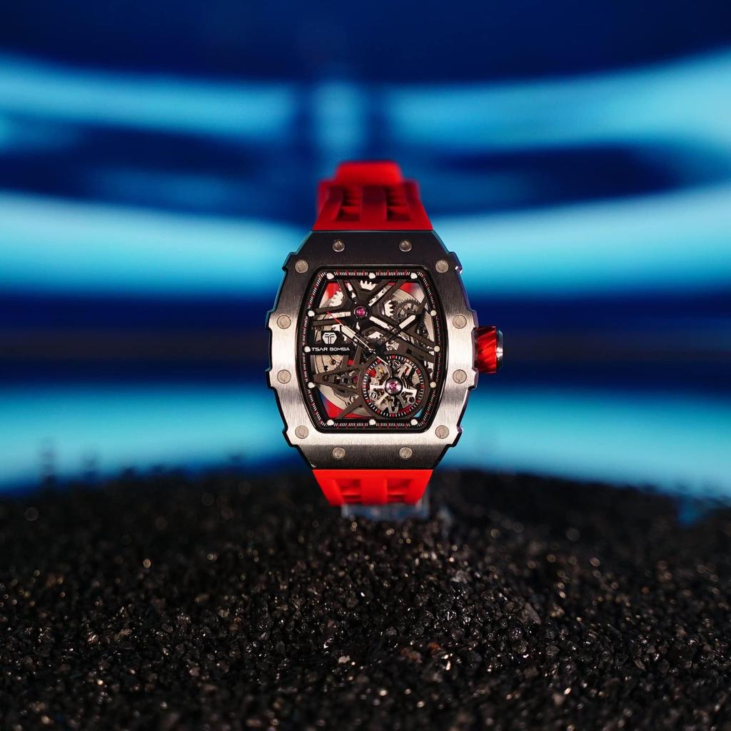 Часы TSAR BOMBA Business 50M Водонепроницаемые скелетонированные часы Стильные наручные часы из нержавеющей стали с циферблатом-бочкой для мужчин Светящийся японский механизм Красный силикон