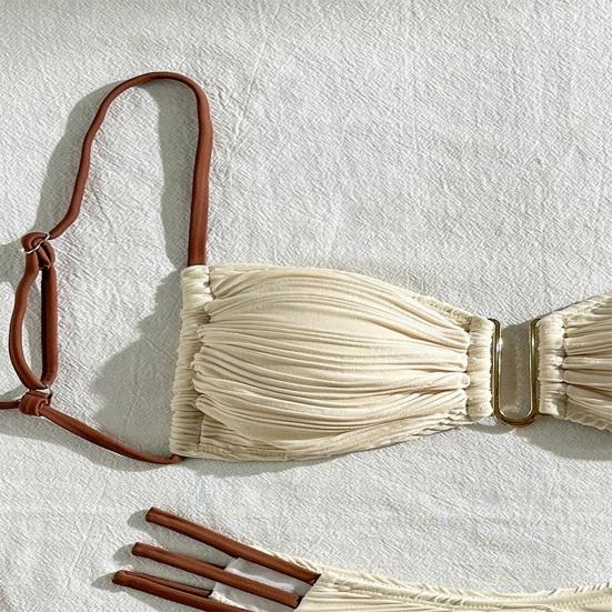 2Pcs/Set Women Bikini Set Sling Bandeau Padded Bra Wrinkle Texture Briefs Set Patchwork Color Split Swimsuit