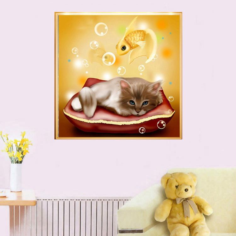 DIY 5D Diamond Cats and Goldfish Cross Stitch Diamond Embroidery Patterns Rhinestones
