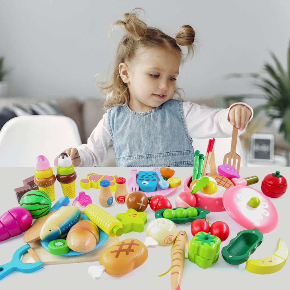 Button Moon Play House Wooden Kitchen Food Sanitation Act Cutting Includes Large Wooden and Tableware Large Capacity Natural Birthday Gift for Boys