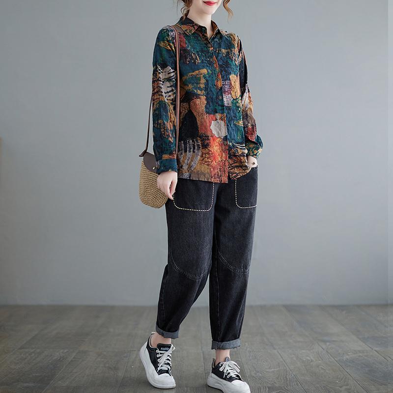 Johnature Винтажные расписные женские блузки с длинным рукавом и отложным воротником, весенние повседневные свободные рубашки с цветочным принтом