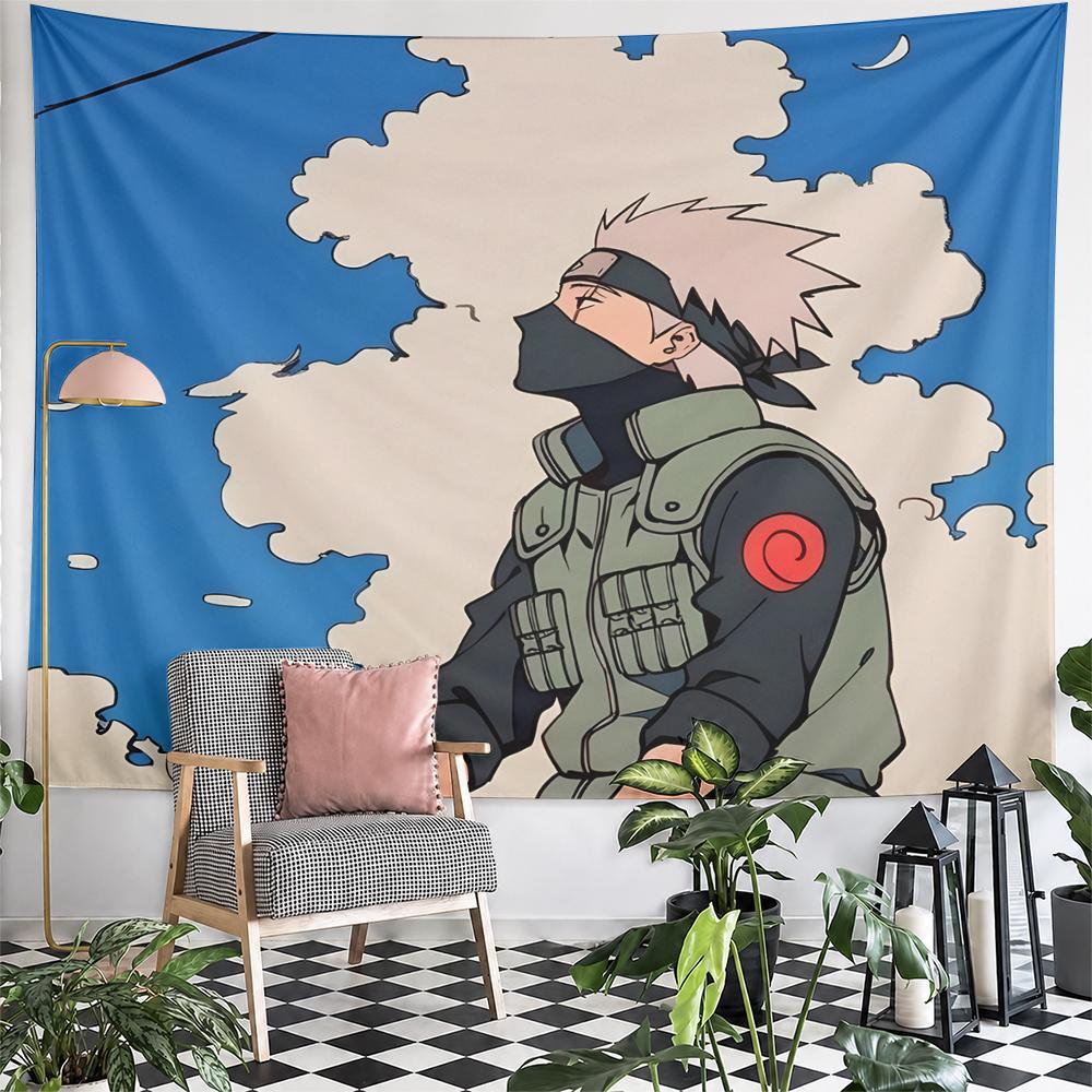 Kakashi Hatake Naruto Anime Wall Tapestry Silver Hair Mask Jonin Vest Blue Sky Clouds Minimalist Decor for Bedroom Gift