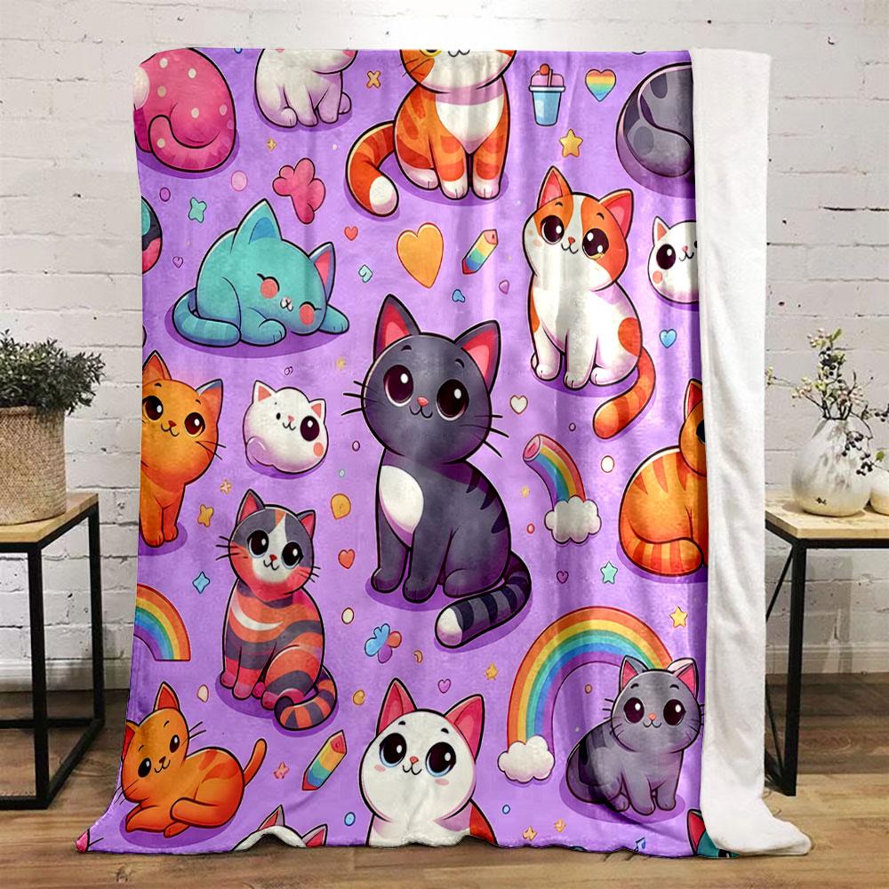 Cute Colorful Cartoon Cats on Purple Background print blanket soft and cozy perfect for the living room bed sofa or a nap,gift