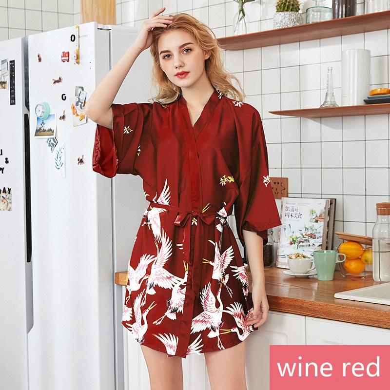 Comfortable V-neck Satin Robe Vintage Women Silk Satin Robe Sexy Nightgown Kimono Sleepwear Waistband Nightdress