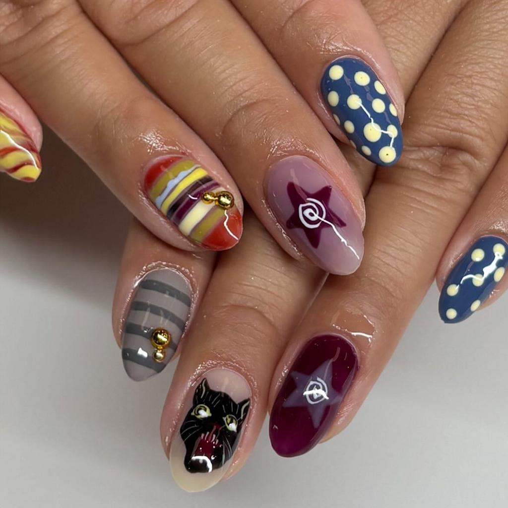 24 шт. Красочные в горошек Накладные ногти-френч, Сладкие Милые Звезды, Узор насекомых, Миндалевидные Накладные ногти для Девочек и Женщин, Носимые