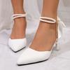 Pointed Toe Pearl Ankle Strap High Heels Pumps Women White Satin Bowknot Banquet Party Shoes Woman Elegant Stiletto Heeled Pumps