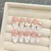 10Pcs Pink Handmade Press On Nails Full Cover Bow Tie Rhinestone Design French Almond Fake Nails Wearable Manicure Nail Tips Art