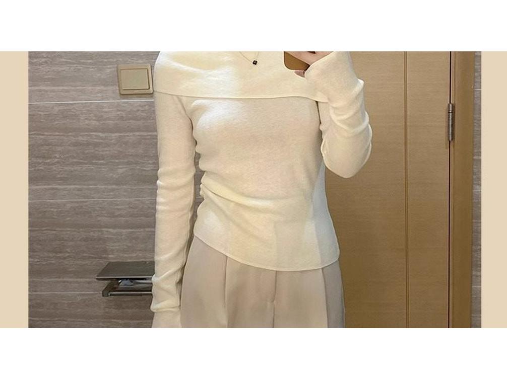 French Style Off-Shoulder Knitted Long-Sleeve Top for Women - Spring/Autumn 2025 Slim-Fit Sweater