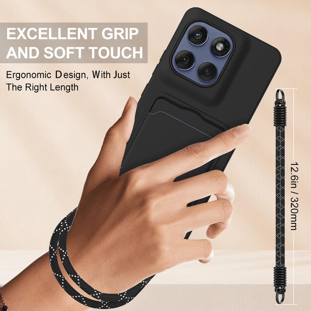 For Motorola Edge 60 Pro 5G Liquid Silicone Case Phone Back Cover with Card Holder and Short Strap