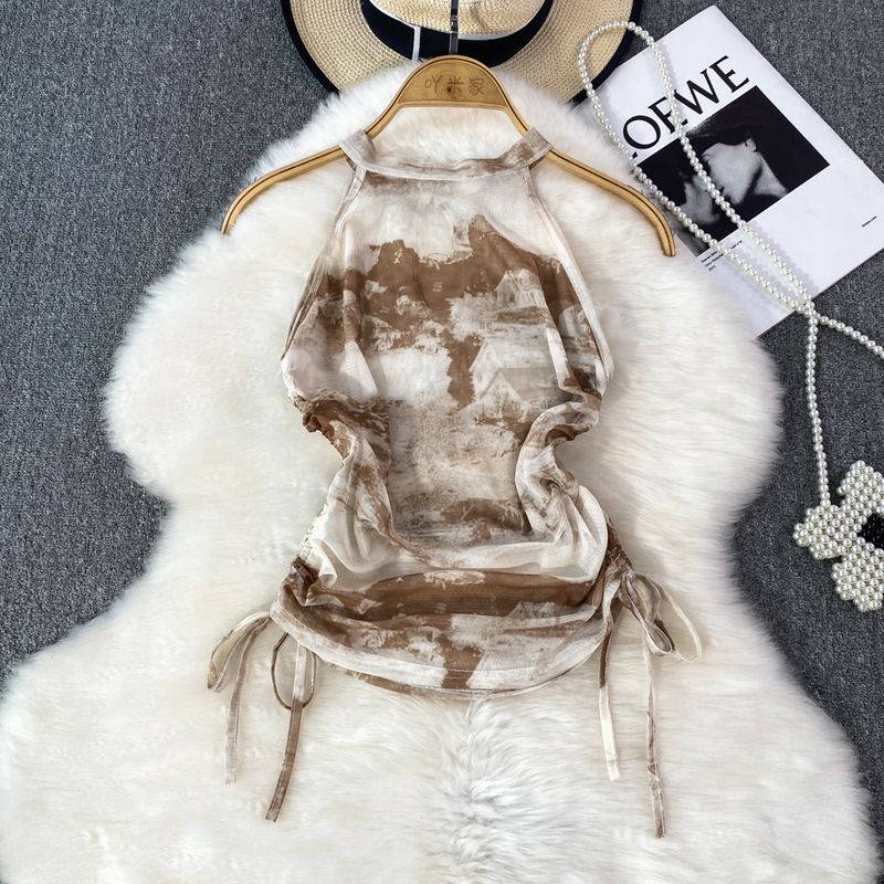 Chinese Style Ink Painting Print Halter Spaghetti Straps Vest Women's Outerwear Western Style Slim Fit Slimming and Short Drawstring Top Summer