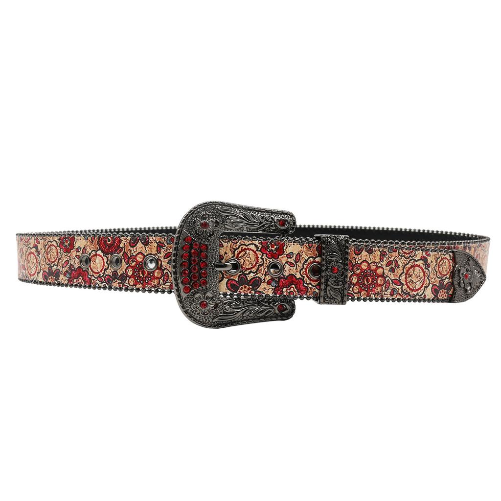 Оригинальный роскошный красный узор со стразами, напечатанный ремень, полный дизайна и модный ремень из искусственной кожи