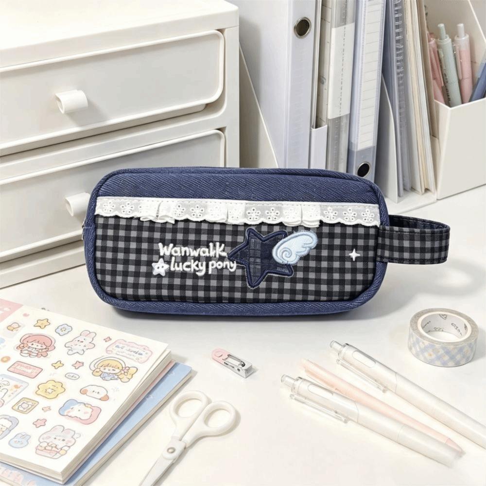 Plaid Print Pen Bag Lace Design Pencil Pouch Gift Stationery Organizer School Supplies