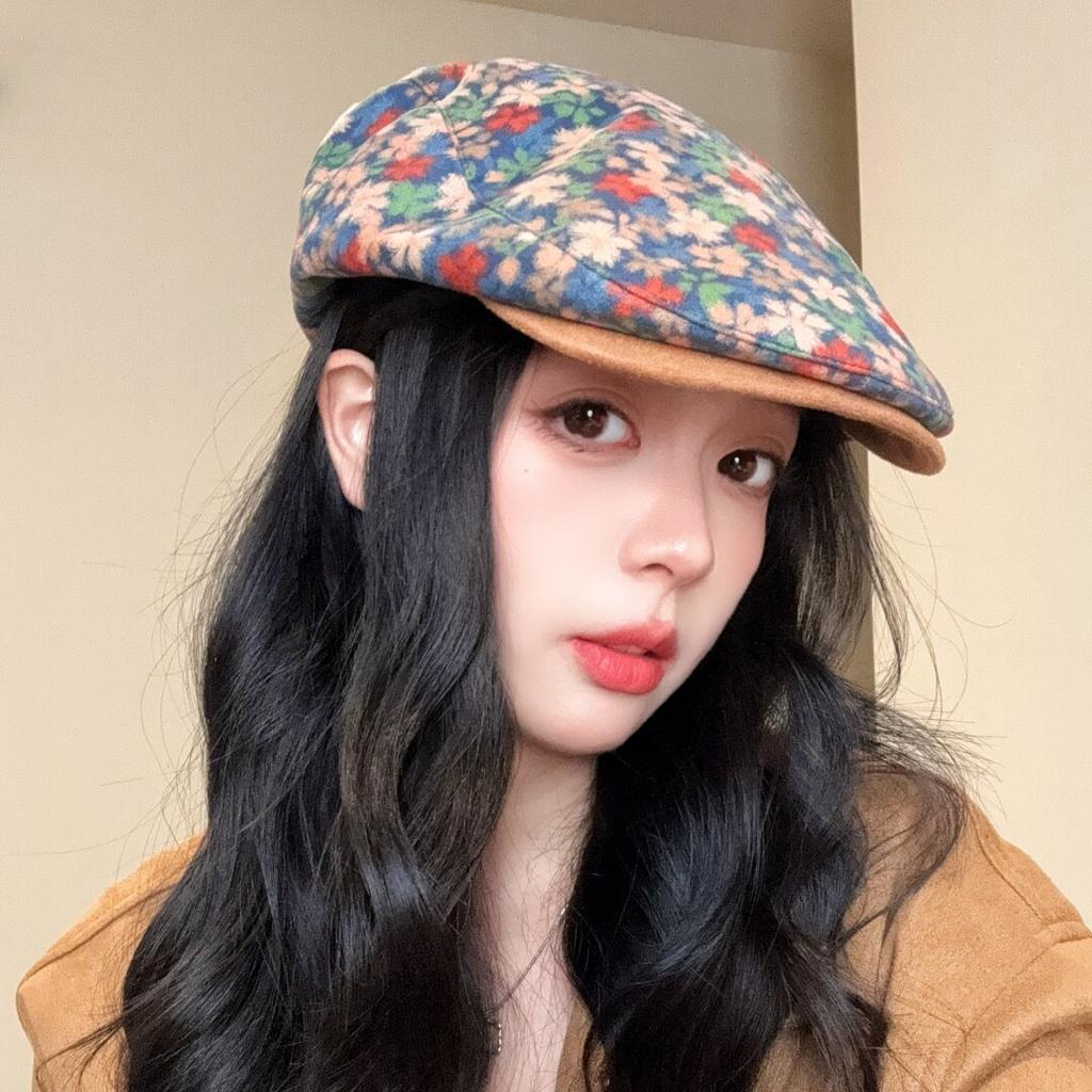 Korean version of literary and retro small floral temperament forward hat women's autumn and winter sweet casual versatile face little beret