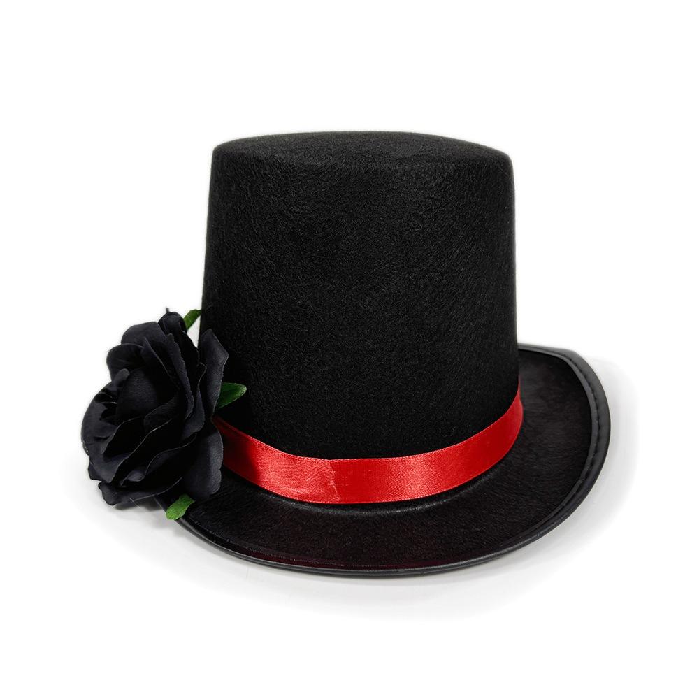 Classic Black Rose Gentleman Cap Vibrant Red Magician Fedora Headwear Drama Actors