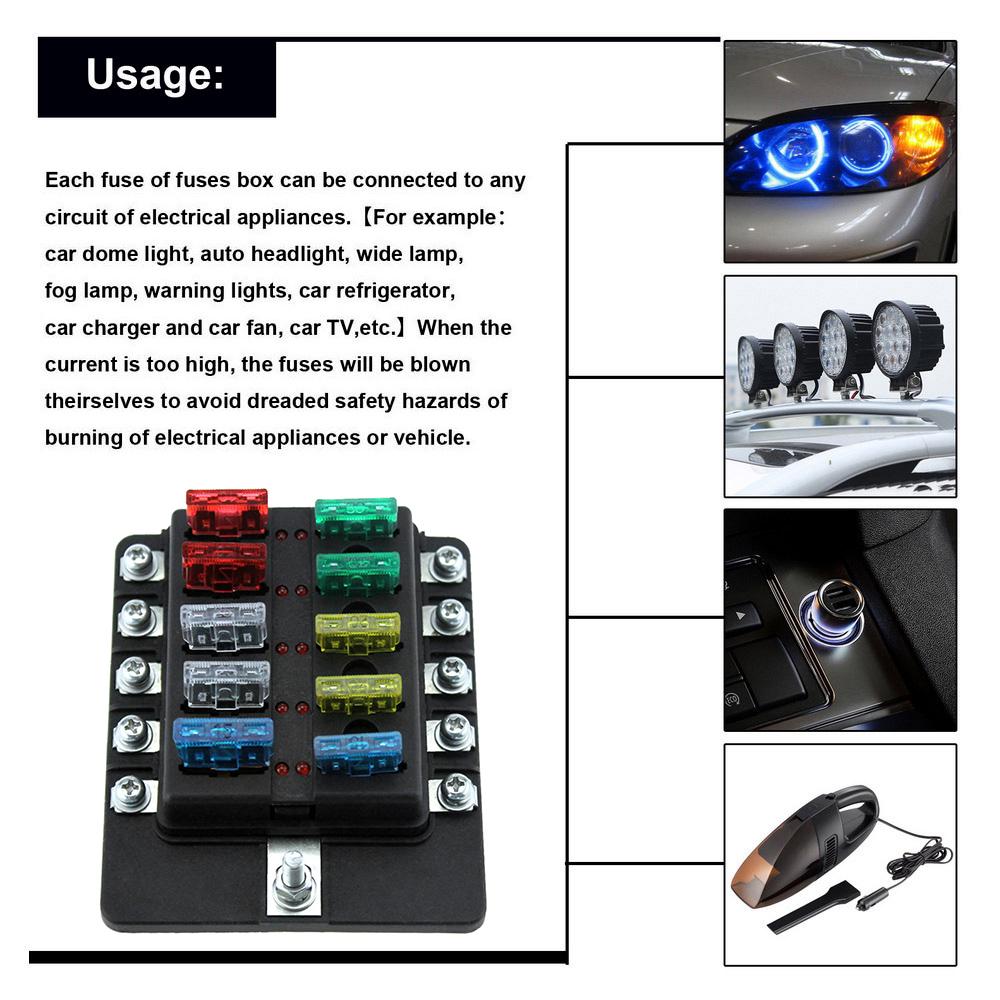 Держатель блока предохранителей с 10 контактами, блоки предохранителей с красным светодиодным индикатором, 10 предохранителей, 10 клемм для автомобиля, лодки, морского транспорта, каравана