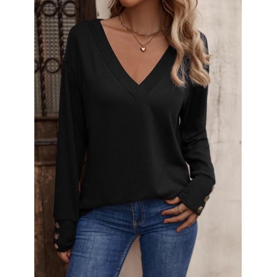 Women's Autumn Winter Solid Color V-neck Loose Long Sleeved T-shirt Button Top Blouses & Shirts