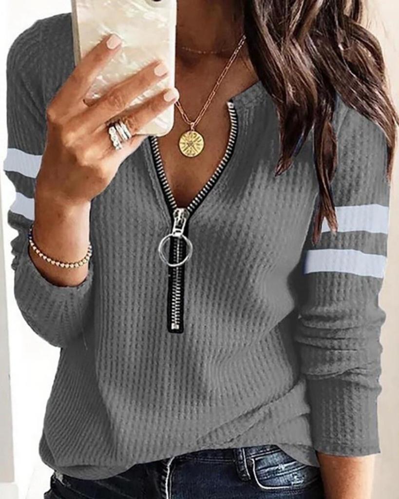 Женская мода, однотонная блузка с v-образным вырезом и молнией, повседневная базовая блузка с длинными рукавами, большие размеры
