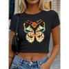 Women's round-neck short top T Shirt | Ethnic-style painted butterfly and floral combination print | High-waisted, cropped, tight-fitting, slim-fit