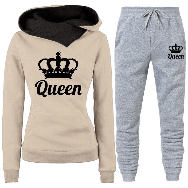2024 Весна и Осень Женский Комплект Из Двух Частей Толстовка С Капюшоном QUEEN Печатный Спортивный Комплект Толстовка С Капюшоном Для Бега Спортивные Штаны