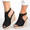 2023 Women's European and American Wedge-Heeled Peep-Toe Sandals with Buckle and Hemp Sole