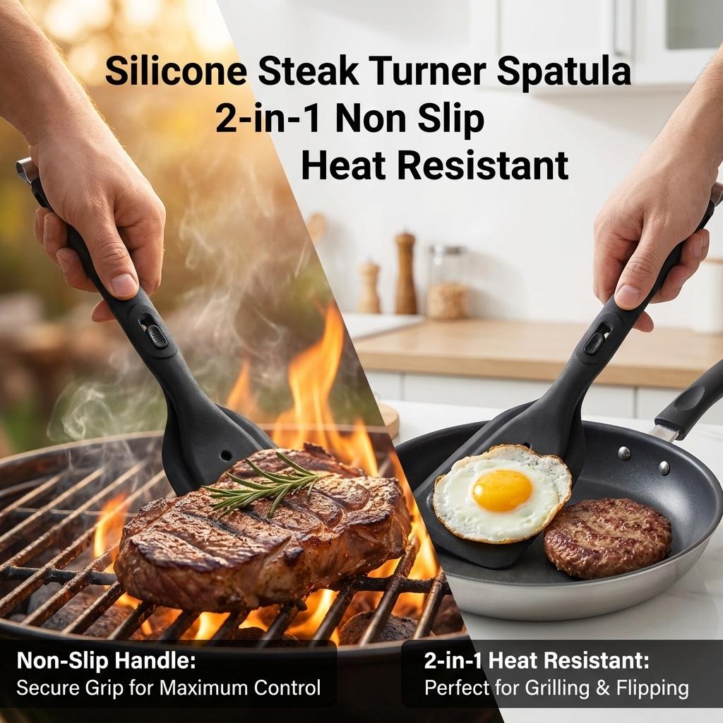 Silicone Steak Turner Spatula 2-in-1 Non Slip Heat Resistant For Grilling And Flipping