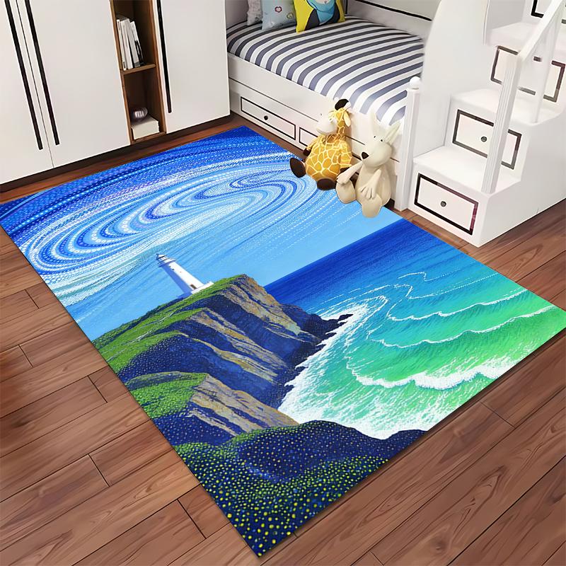 3D Ocean View Carpet with Lighthouse and Cliff Art Design Rug Suitable for use as an anti-slip for living room bedroom sofas