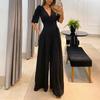 Spring 2025 Women's V-Neck Lace High-Waist Jumpsuit with Bubble Sleeves