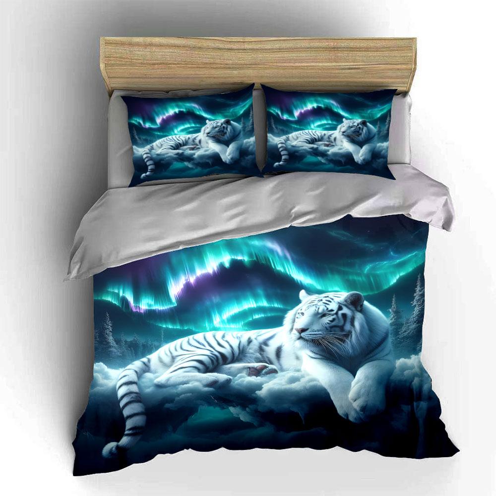 White Tiger with Aurora Borealis Background Print Bedding Set Duvet Cover Pillowcases (1* Duvet Cover 2* Pillowcases Do Not Include Comforter)