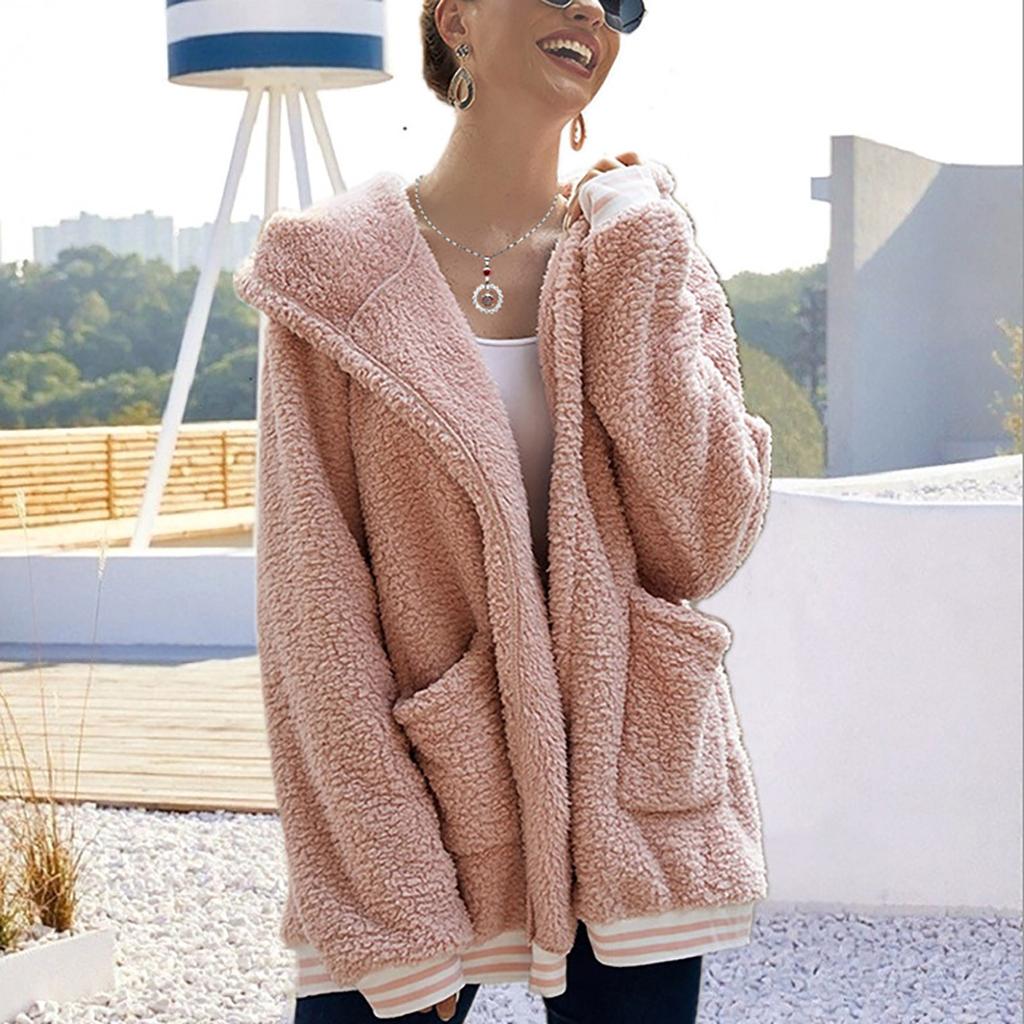 Women's And Winter Loose Solid Color Stitching Long-Sleeved Pockets Plush Hooded Cardigan Coat