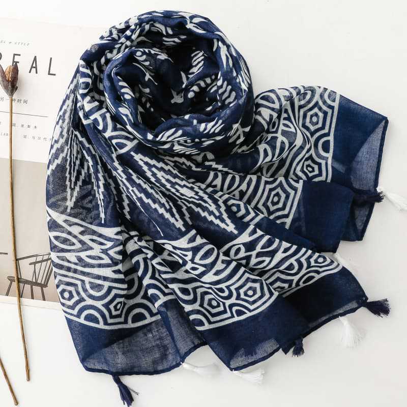 Women'S Soft Navy Blue Bohemian Tassel Scarf, Fashionable Scarf, Headscarf, Travel, Vacation, Beach Wrap, Shawl for Weekend Casual