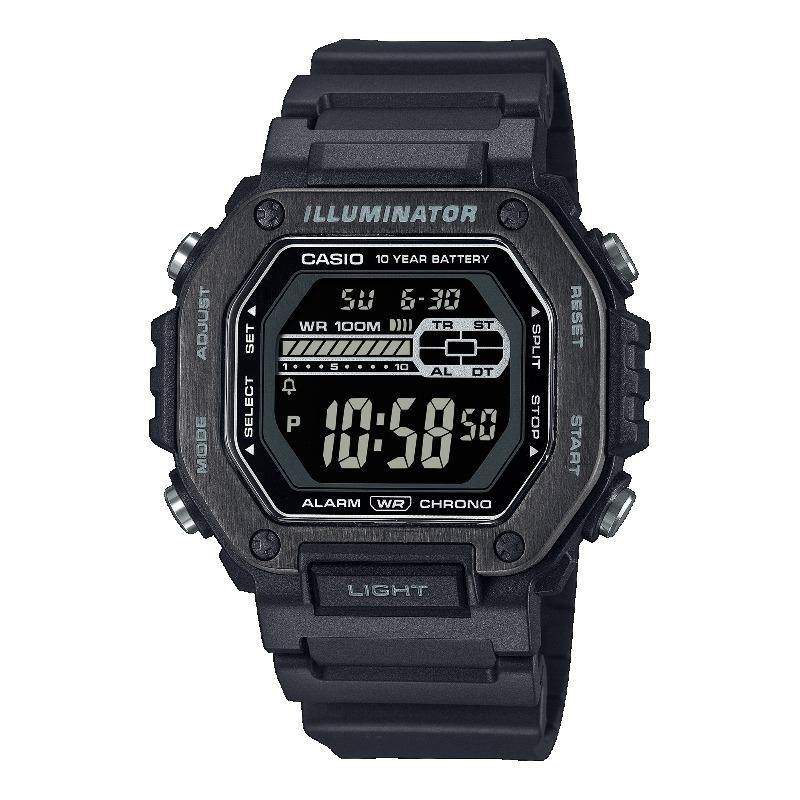 Casio Мужские цифровые кварцевые часы с будильником, водонепроницаемые до 100 м, из нержавеющей стали MWD-110HB-1BV