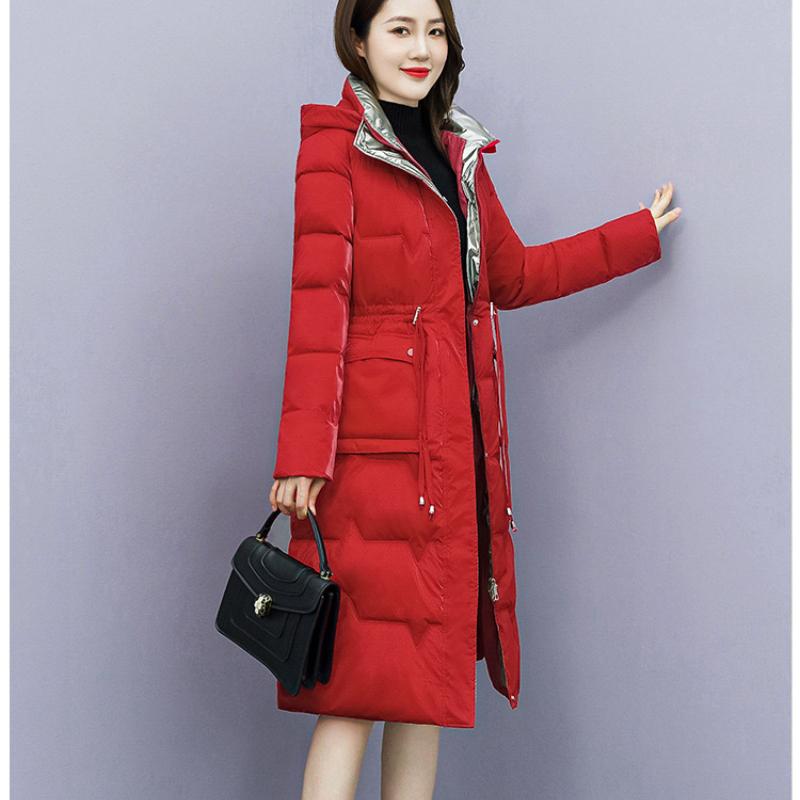 Осенне-зимнее женское однотонное яркое утолщенное теплое пальто средней длины с капюшоном на талии и шнурком