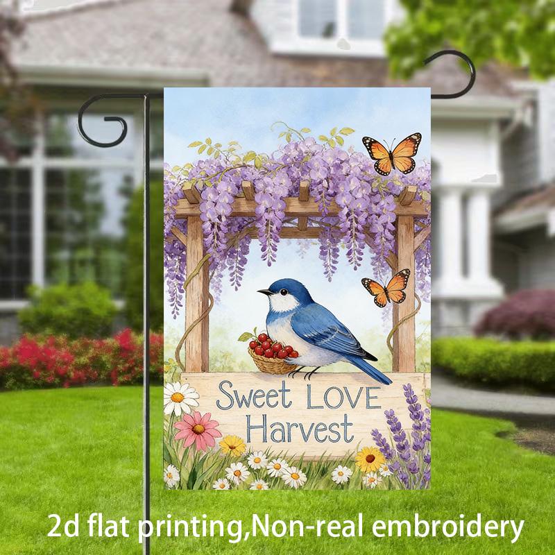 2D Flat, 1pc, 2D Flat Printing, Bluebird Flower Basket Garden Flag, Sweet Love Harvest, Polyester Material, Multiple Sizes, Machine Washable and Durab
