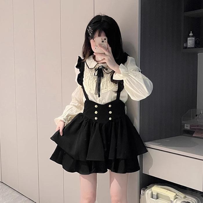 Slightly Plump College Style Waist Bow Tie Overalls Skirt - Autumn/Winter Pure Desire Doll Collar Sweet Girl Top Shirt Set