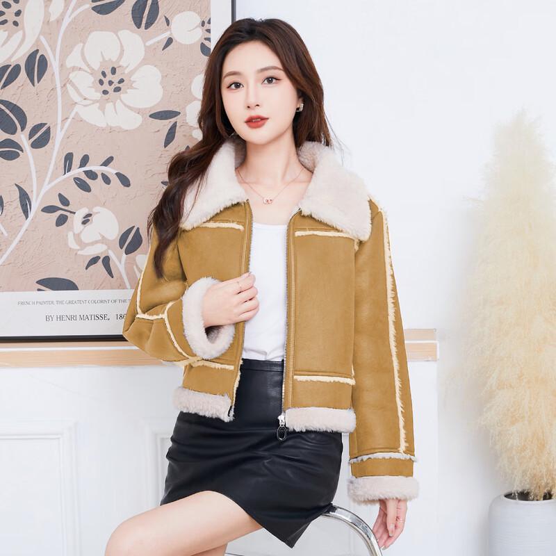 KAISER Women's Retro Lapel Shearling Motorcycle Coat