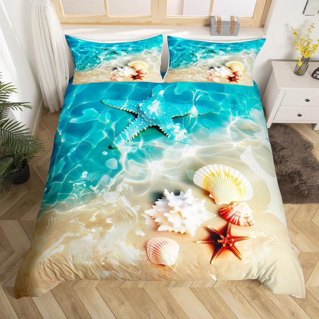 Beach Starfish Duvet Cover Twin Cute Ocean Creatures Bedding Set Tropical Beach Sea Shells Print Comforter Cover with Pillowcase