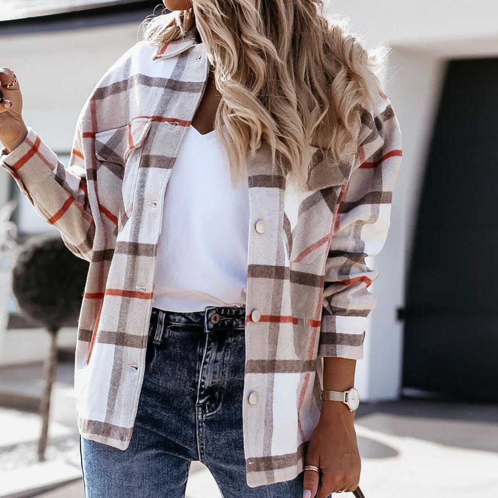 Women's And Winter Fashion Loose Plaid Print Pocket Long Sleeve Jacket