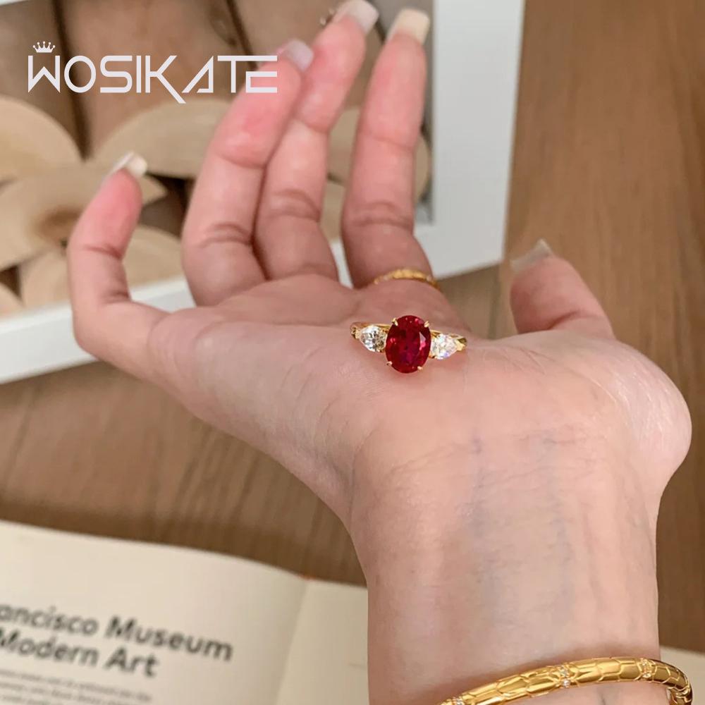 Wosikate Винтажное Кольцо с Рубином в Форме Яйца для Женщин Модные Украшения Классическое Позолоченное Кольцо на Палец Легкая Роскошь Подарки для Вечеринки