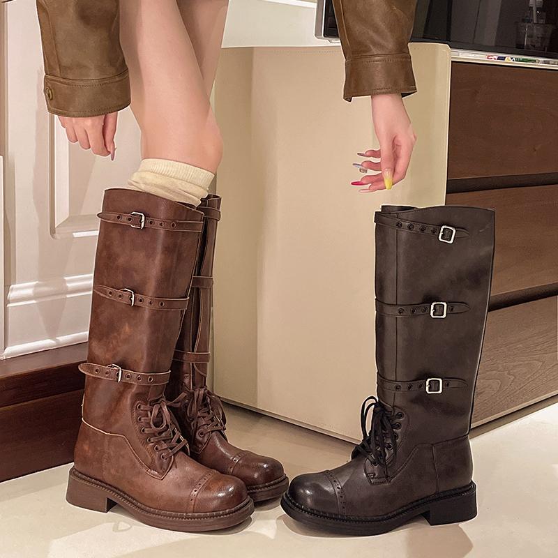 Fashion Brand New Winter Buckles Fashion Street Riding Boots Cool Chunky Heels Knee High Motorcycles Boot Shoes for Women