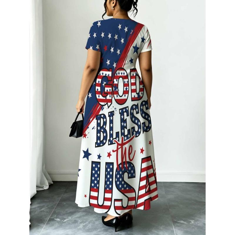 God Bless The USA Flag Print Plus Size Round Neck T Shirt Dress Red White Blue Casual Loose Fit Long Dress for Women Summer Outfit