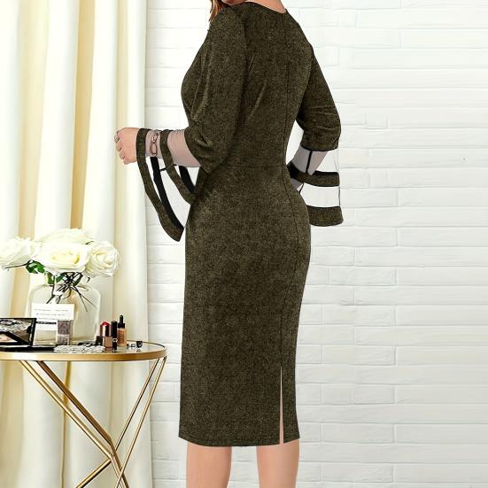 Women Party Dress Mesh Patchwork Low-cut V Neck Knee Length Slim Fit Sheath Long Flared Sleeve Solid Color Tight Waist Lady Prom Banquet Dress