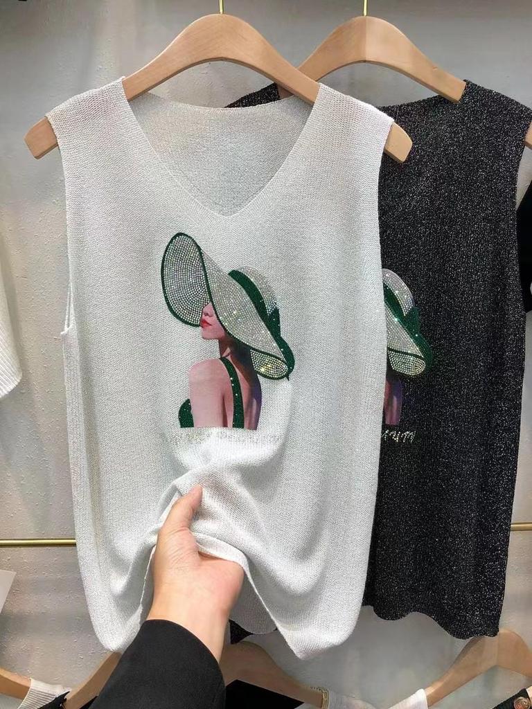 2023 Блестящий шелковый женский жилет без рукавов с V-образным вырезом - Новый стиль весна/лето, свободный крой с вязаным дизайном на бретелях с горячими бриллиантами