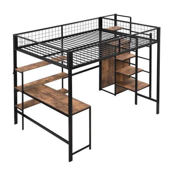 Iron Bed Several Shelves Bunk Built-in Wardrobe Desk Strong Load Adult Bearing Rustic Look Metal Frame Loft Home Furniture
