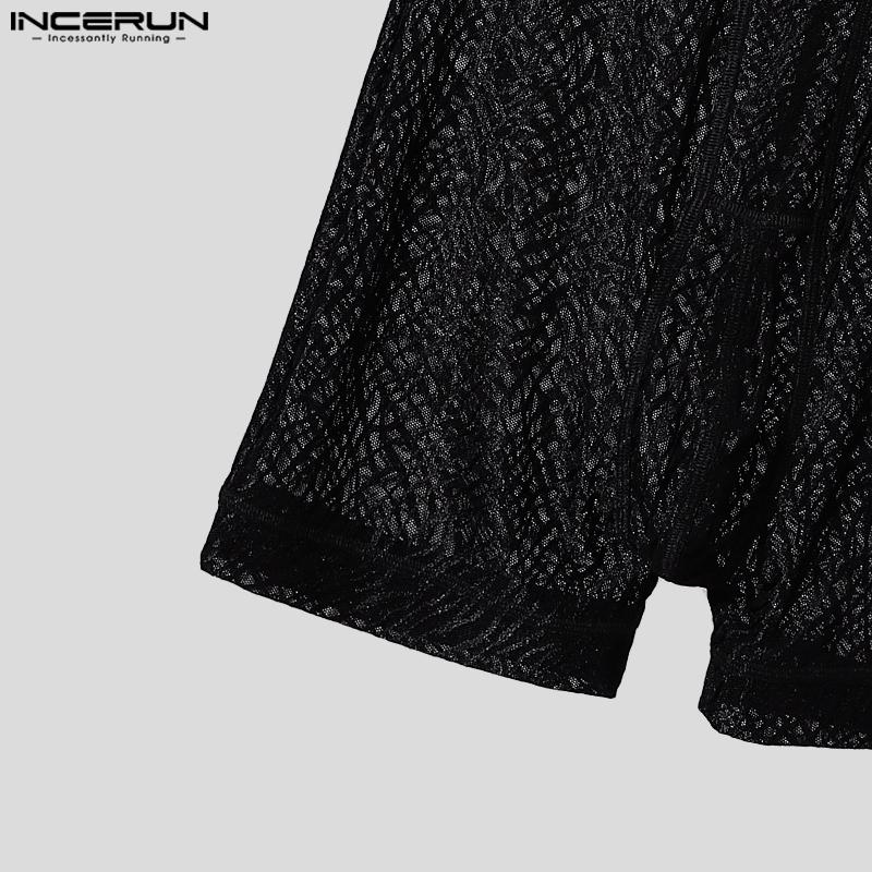 INCERUN Men Sleeveless Patchwork Lace See Through Mesh Playsuit Jumpsuits