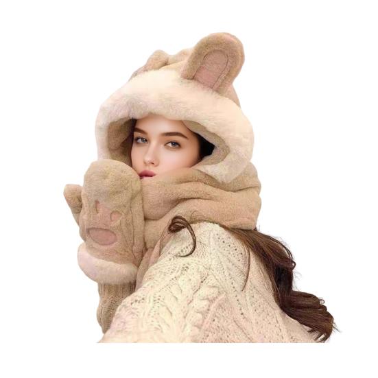 Women Hat Rabbit Ear Decor Thickened Warm 3 In 1 Hat Scarf Gloves Hiking Outings Shopping Winter Headwear