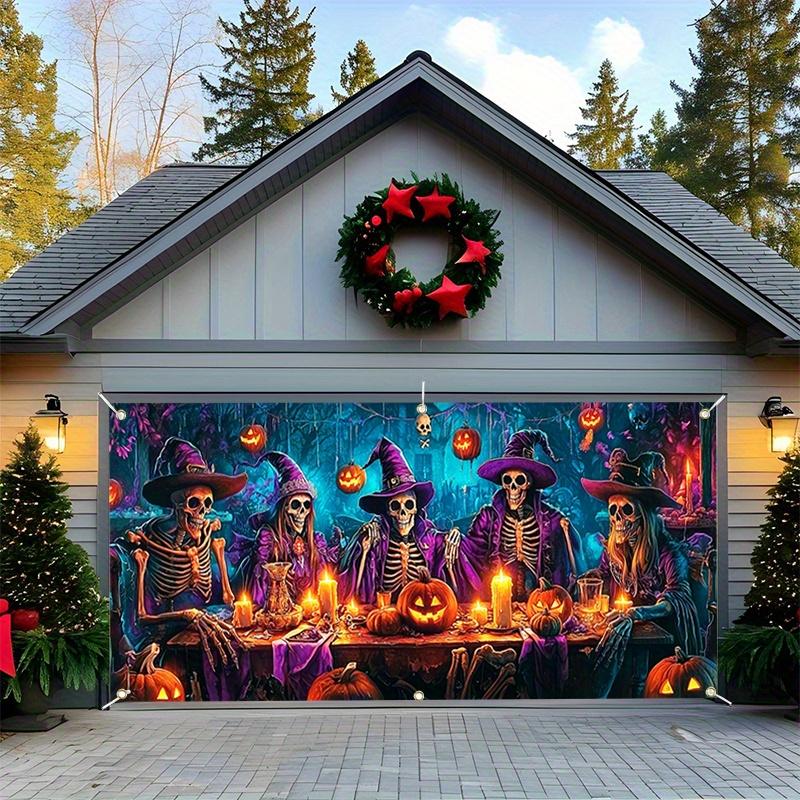 A large 2D flat polyester banner for a Halloween party, featuring a terrifying skull, witch, pumpkin lantern and bat design