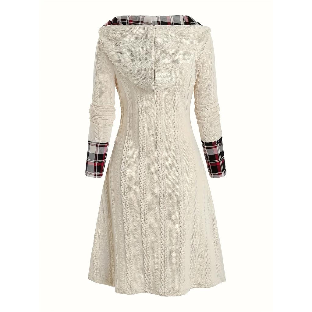 Вязаное платье с капюшоном, клетчатый принт, строчка, имитация пряжки, высокая талия, длинный рукав, А-силуэт, женское