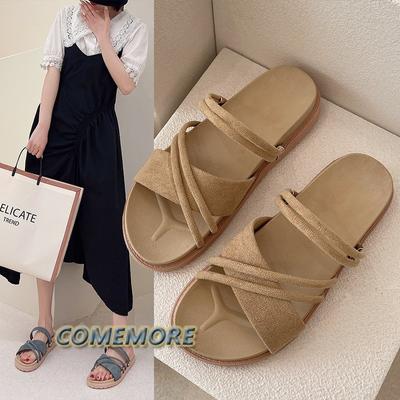 Женские летние новые модные тенденции 2024 года, черные нескользящие повседневные римские тапочки на плоской подошве, удобные женские сандалии на платформе, шлепанцы из искусственной кожи