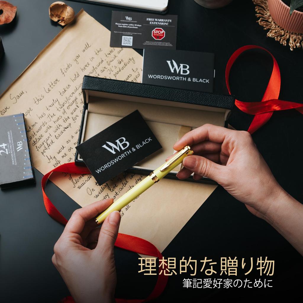 Wordsworth Black Fountain Pen 18K Medium Ink Ink Refill Converter Gift Gold Ideal for Men and Women & Set, Gold-Plated Nib, 24-Pack Cartridges, & Box,